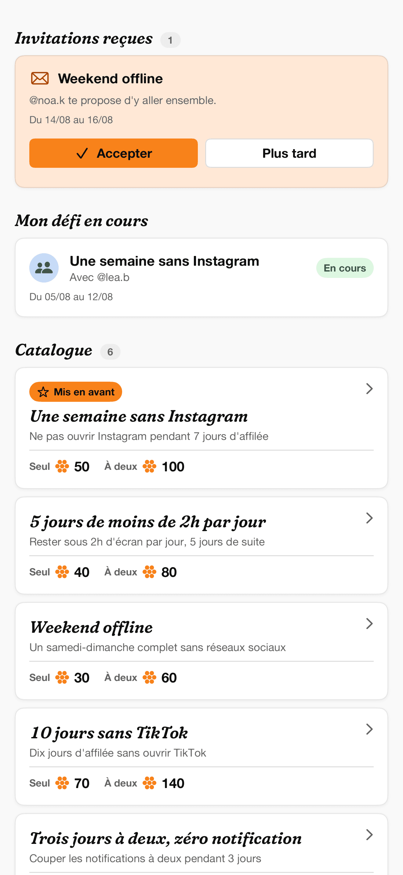 Écran des défis Offmind : une invitation reçue d'un ami et le défi en cours